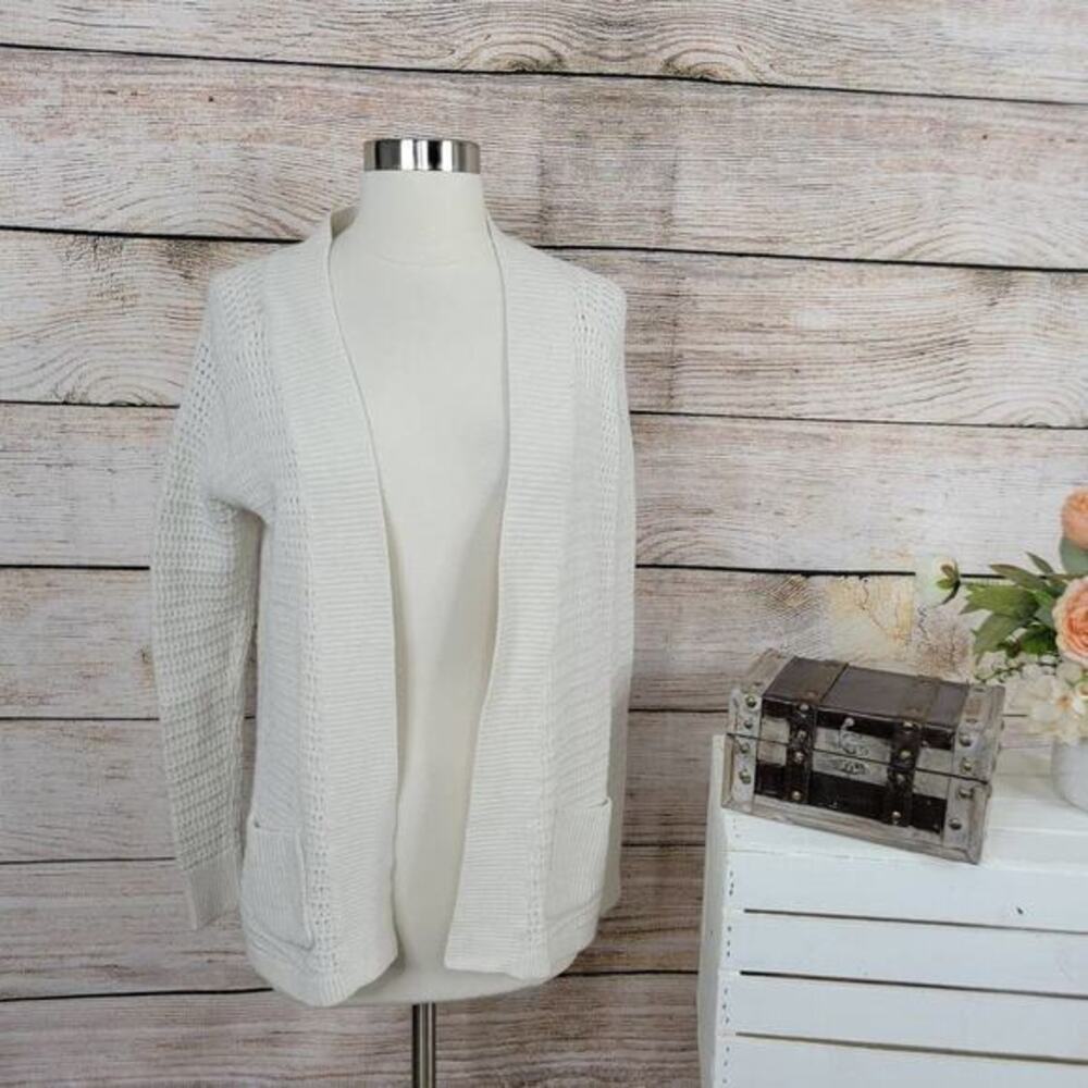 Lou & Grey Women’s Cable Knit Open Cardigan Ivory Pockets Size XS